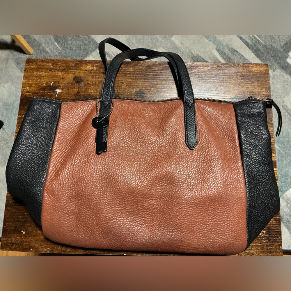 Fossil Black and Brown Leather Satchel with Structured Design